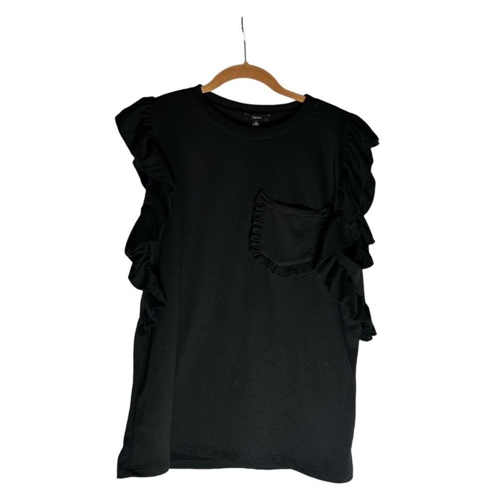 NWT Drew Black Jersey Knit Crewneck Ruffle Sleeve Blouse Top Shirt Size Medium